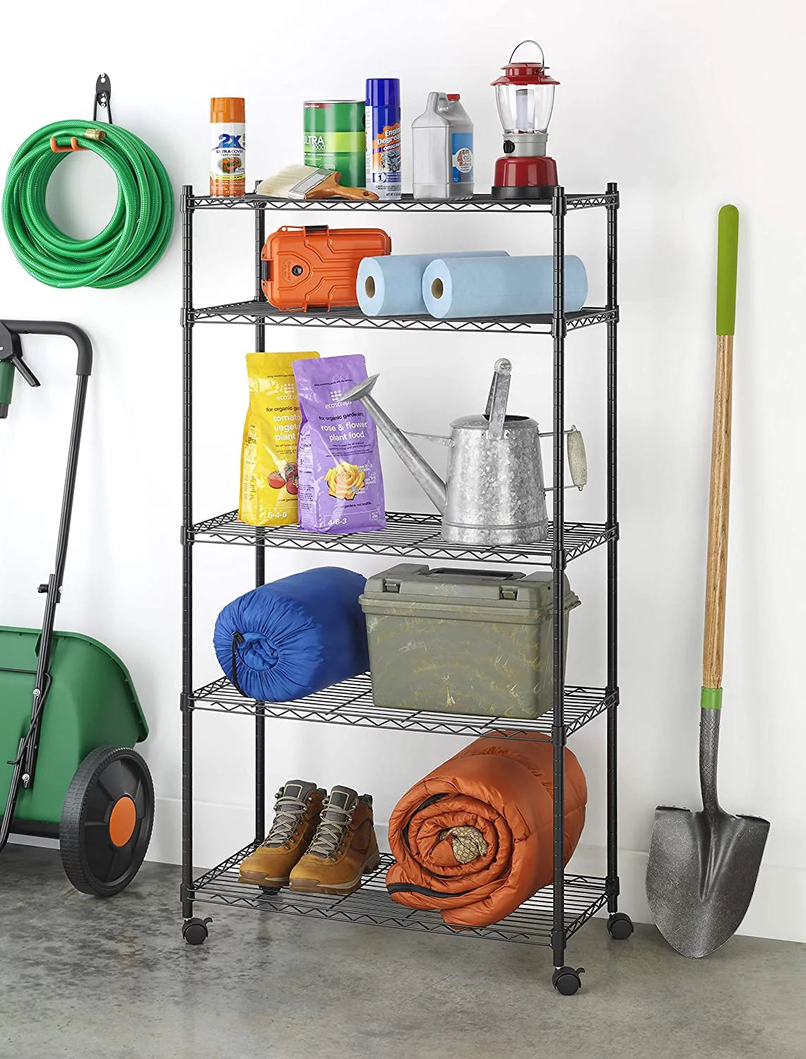 5-Shelf Black Wire Shelving Unit with Wheels W47872