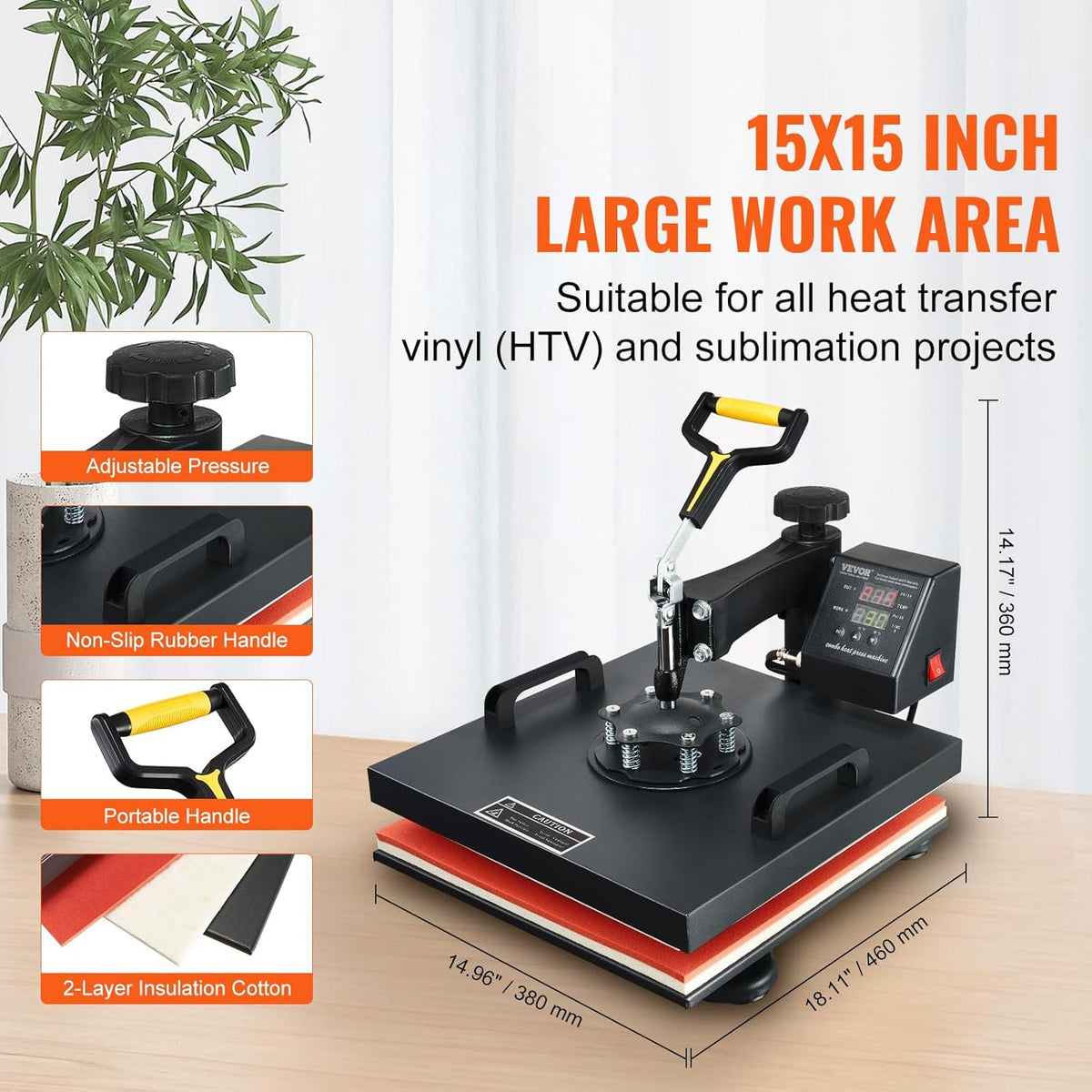 15x15 Heat Press Machine with Hat Press, 360° Swing Away Digital Tshirt Press Machine T55735