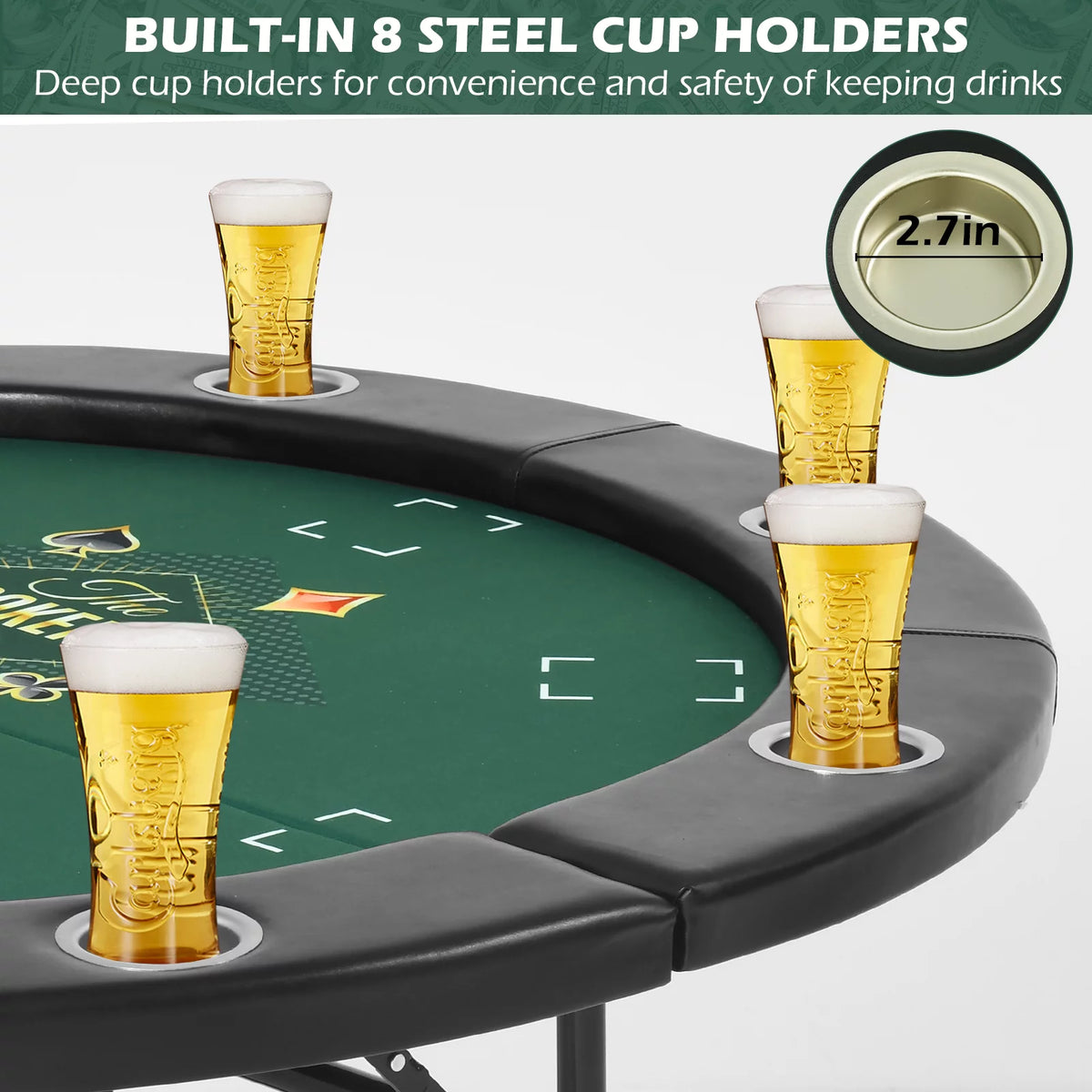Round Poker Table Foldable 8 Players Stainless Steel Cup Holders Black 48 Inch E13217