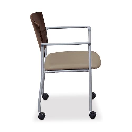 Standard Chair with Arms and Casters Espresso Wood Back Taupe Vinyl Seat Black Frame M2004