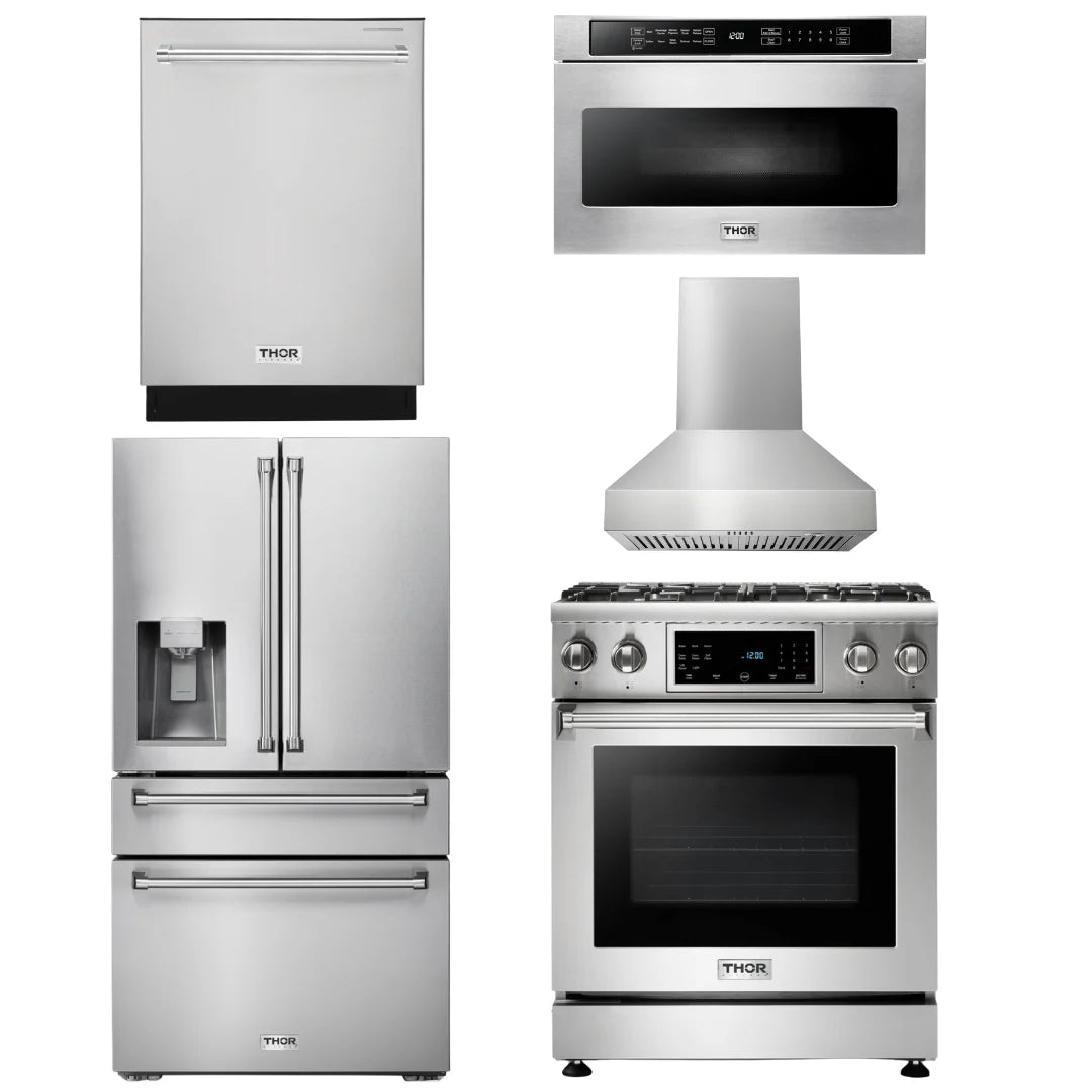 30 In. Propane Gas Range, Range Hood, Microwave Drawer, Refrigerator with Water and Ice Dispenser, Dishwasher K58740