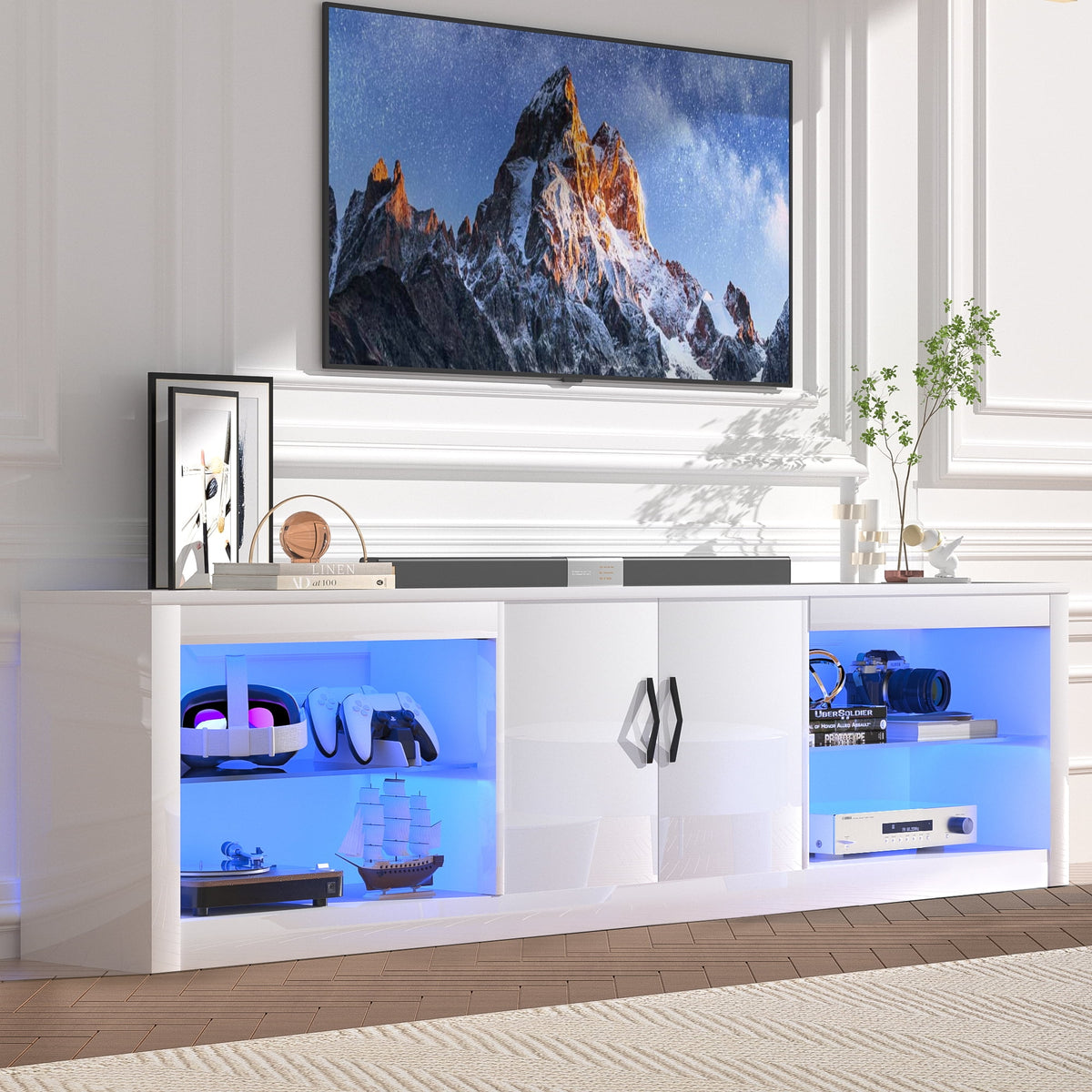 White LED TV Stand with Power Outlet & USB Ports D39506