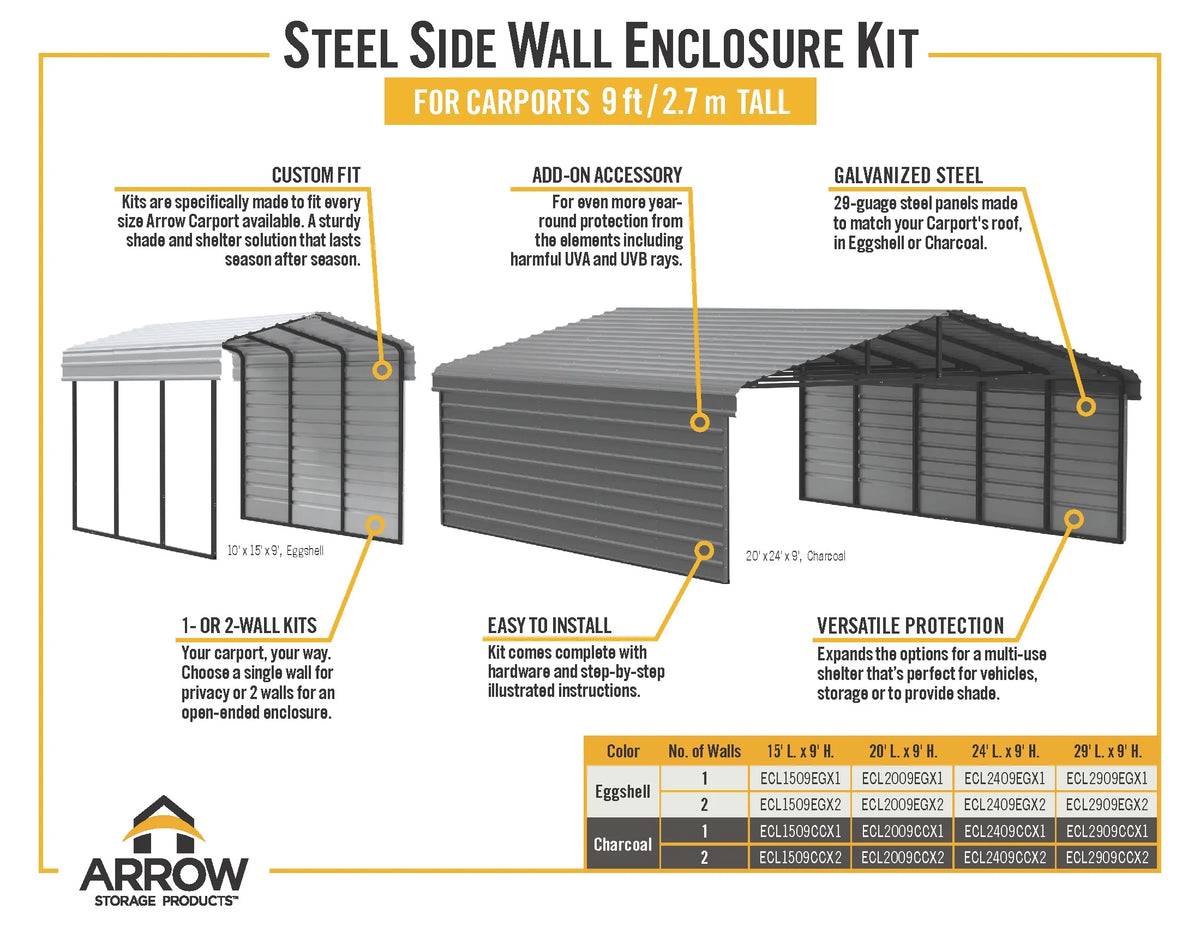 Galvanized Steel Carport Kit, 10' x 20' x 9' V8361