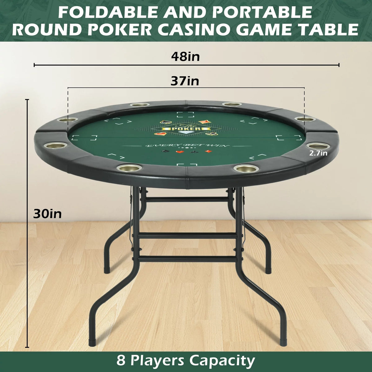 Round Poker Table Foldable 8 Players Stainless Steel Cup Holders Black 48 Inch E13217