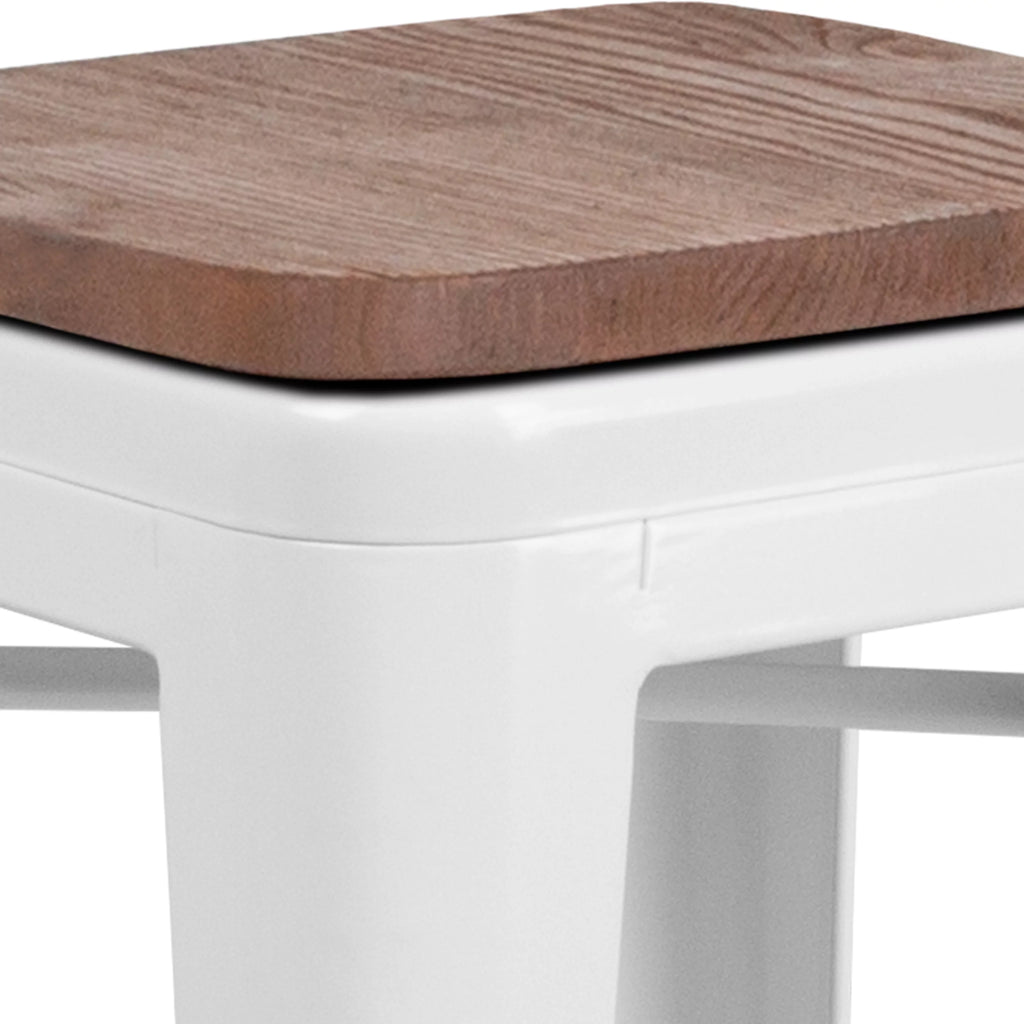 White Metal Counter Height Dining Stool with Wooden Seat O59655
