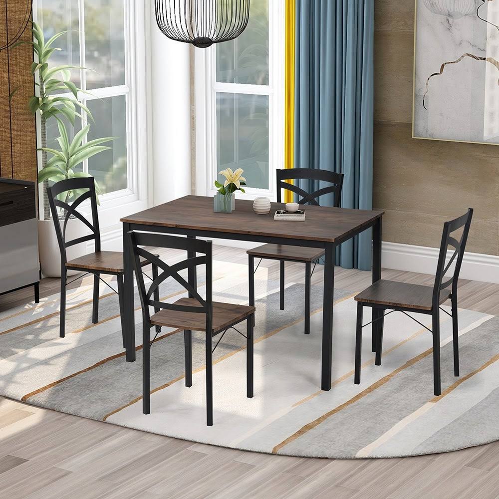 5 Piece Industrial Wooden Dining Set with Metal Frame and 4 Chairs U306