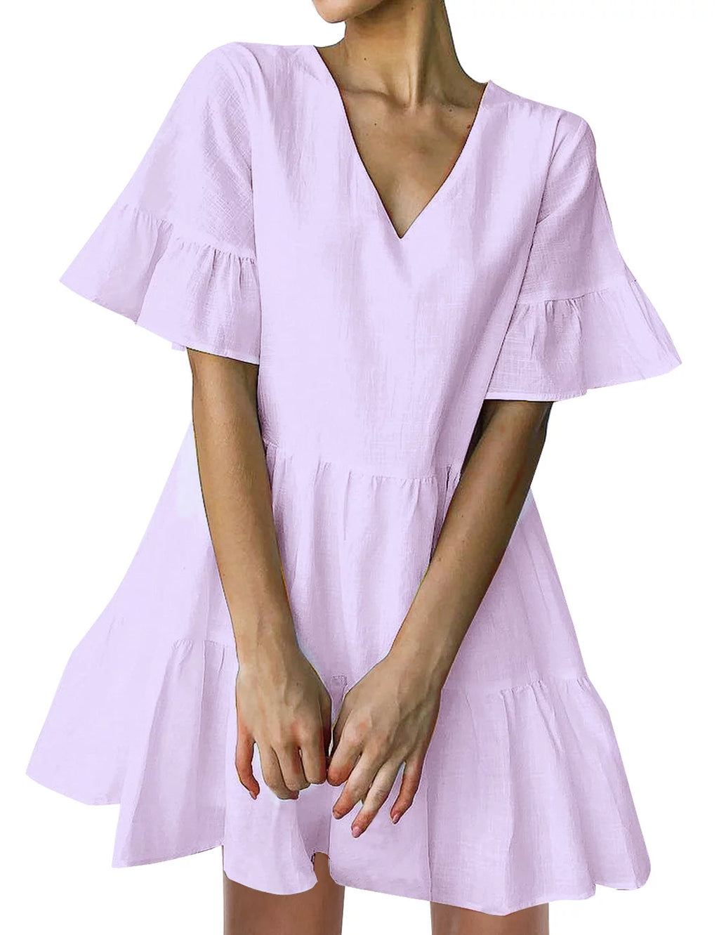 Red Short Bell Sleeve V Neck Mini Dress with Pockets M93505