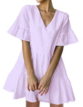 Red Short Bell Sleeve V Neck Mini Dress with Pockets M93505