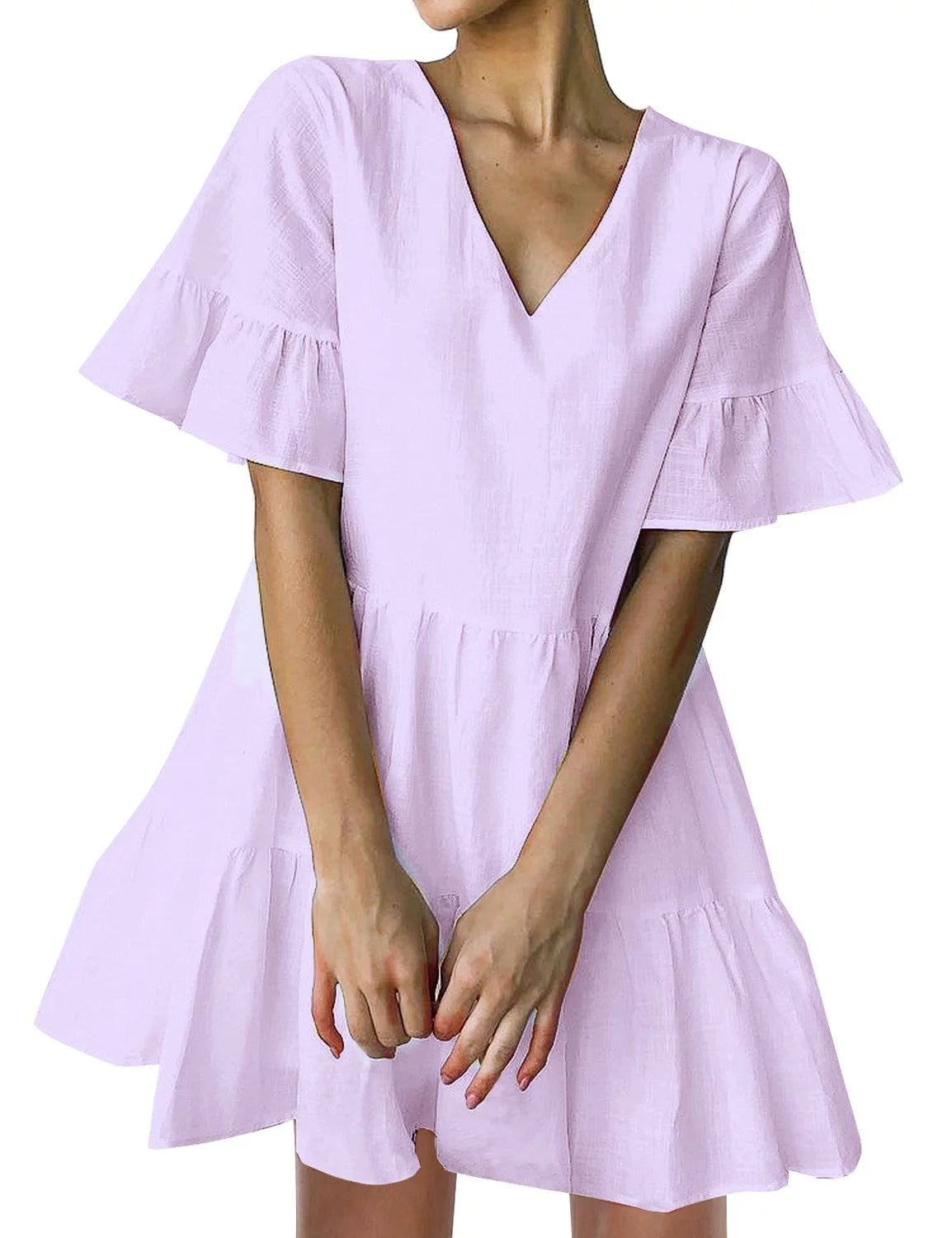 Red Short Bell Sleeve V Neck Mini Dress with Pockets M93505