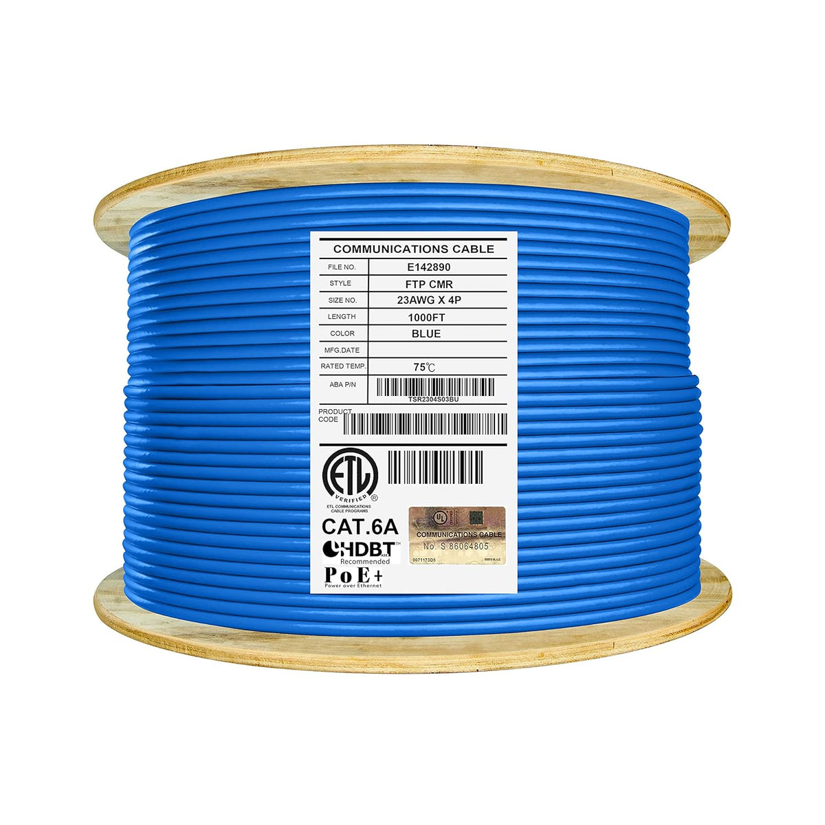 Cat6A Shielded Riser 1000ft FTP 23AWG Solid Bare Copper Ethernet Cable Reel Blue E985