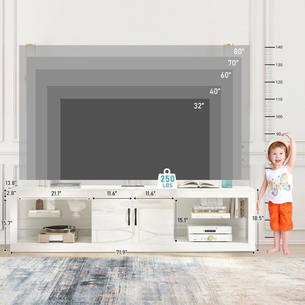 White LED TV Stand with Power Outlet & USB Ports D39506