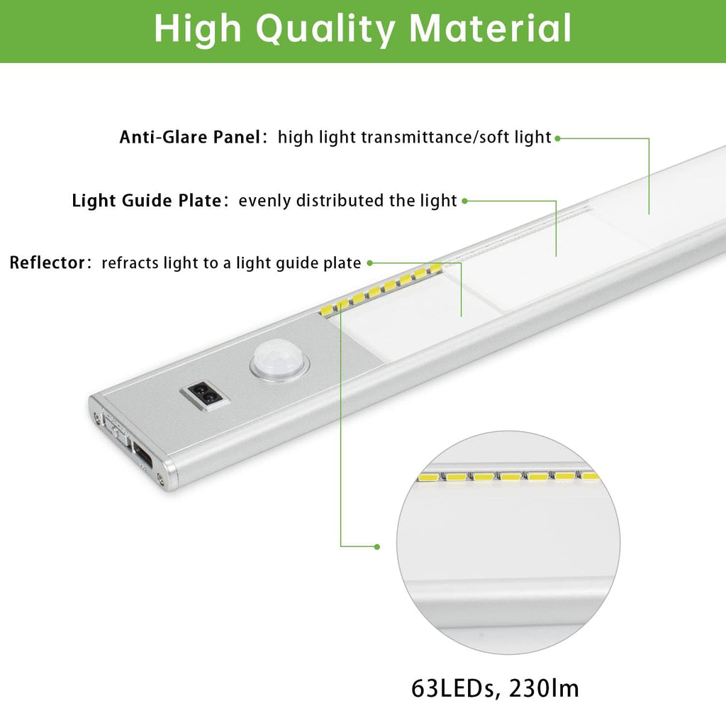 Under Cabinet Lights, 63 LEDs Motion Sensor Dimmable Wireless Rechargeable 230lm Cold White 6500K Pack of 2 C879274