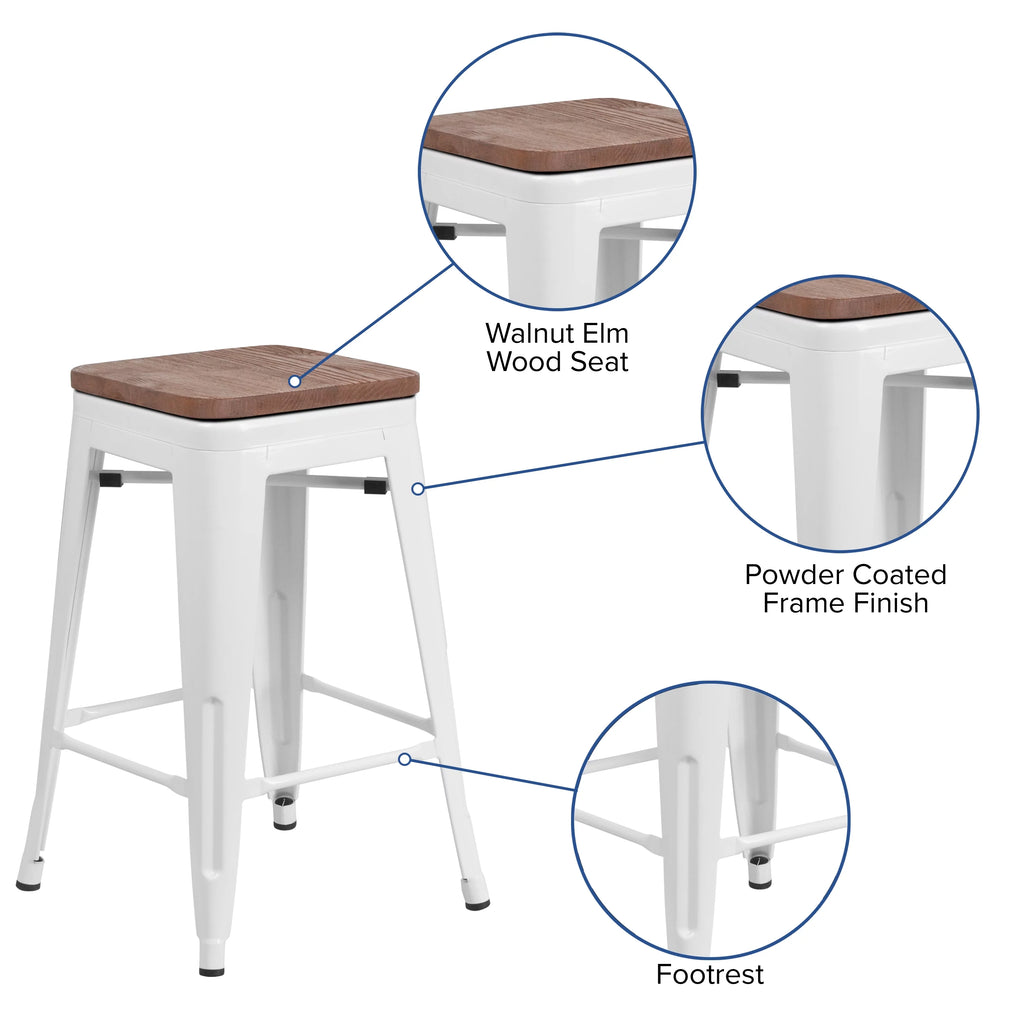 White Metal Counter Height Dining Stool with Wooden Seat O59655