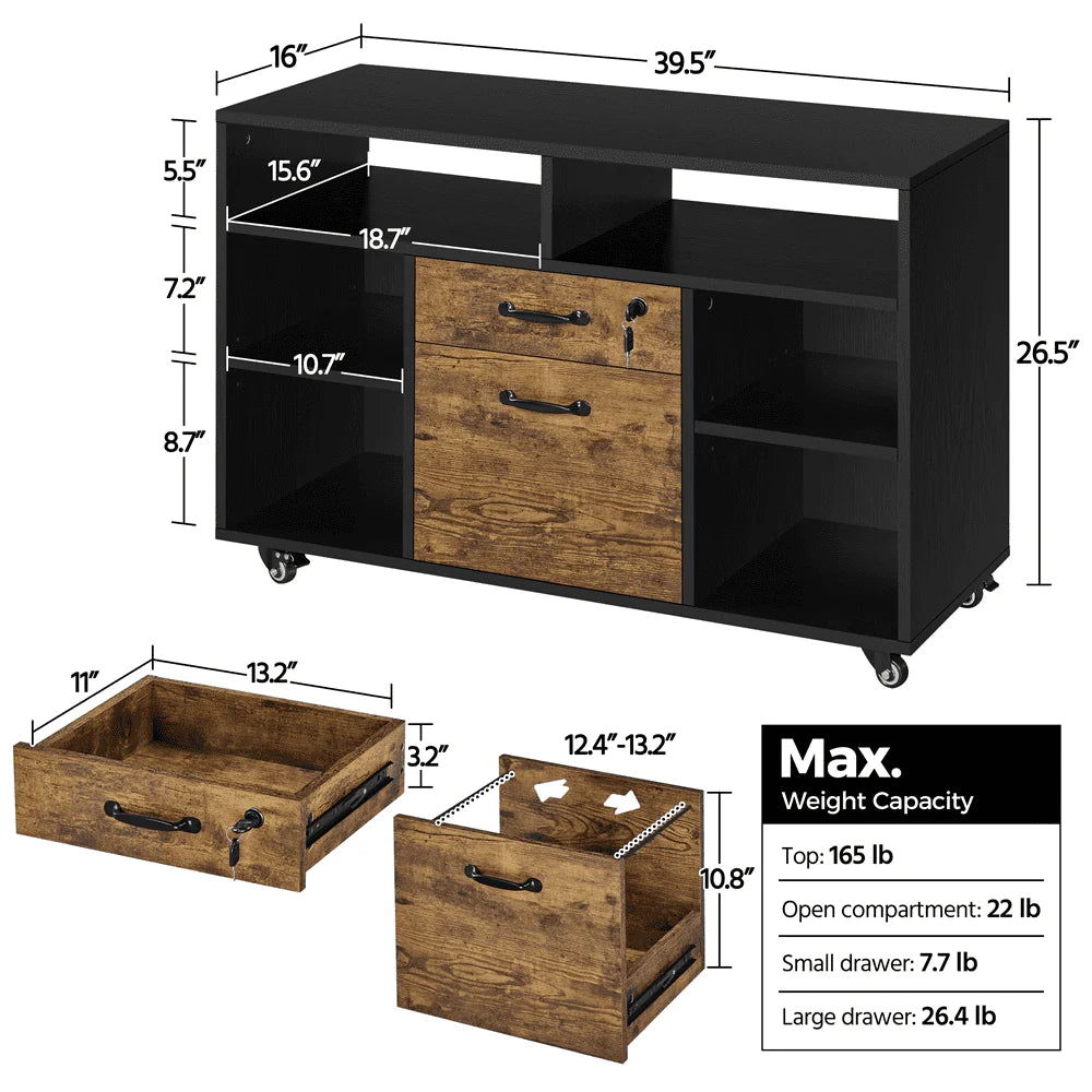 Black Rustic Brown Wooden Rolling File Cabinet with Lockable Drawer I99392