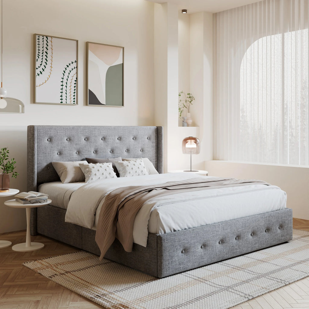 Queen Size Light Gray Upholstered Storage Platform Bed Frame V32126