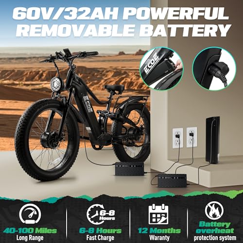 5000W Dual Motor Electric Bike with 60V 32AH Battery 26x4 Fat Tire Full Suspension 7-Speed Gear C5483