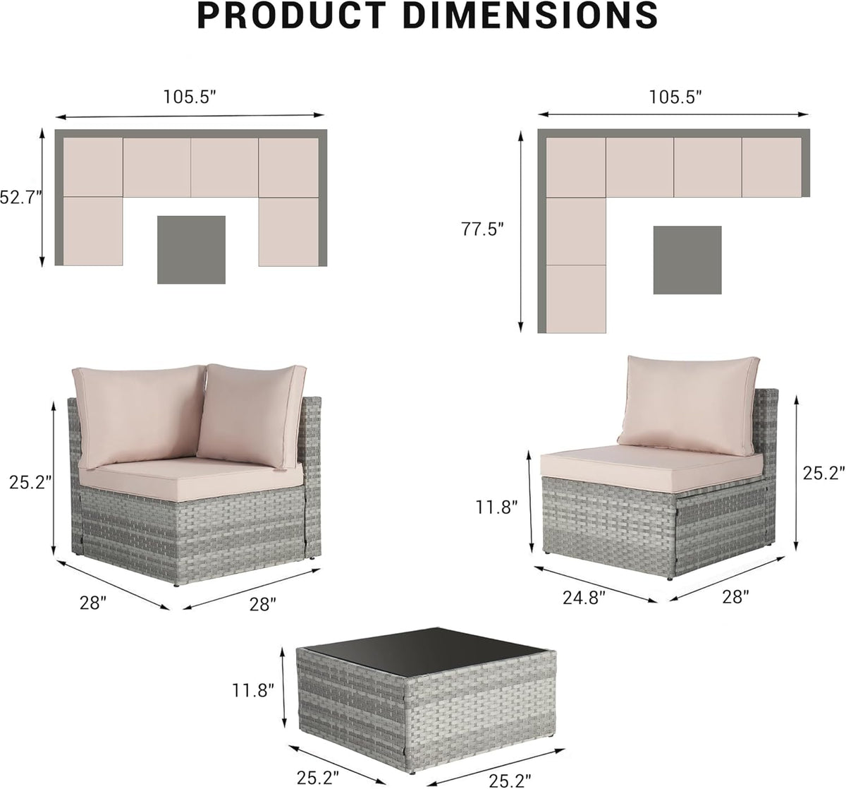 Beige 7 Piece PE Rattan Wicker Patio Conversation Set with Coffee Table A704915