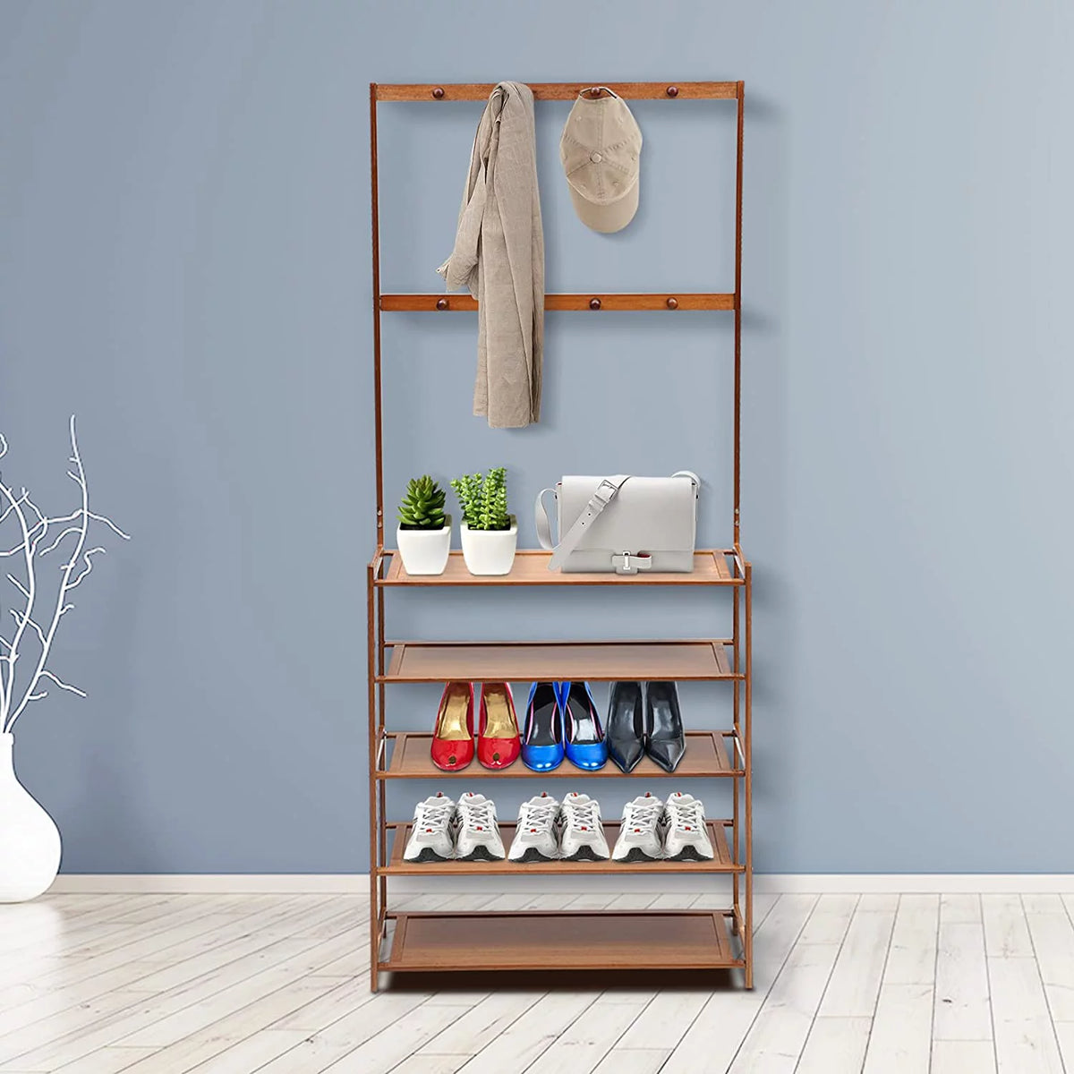 5-Tier Bamboo Coat Shoe Rack with Storage Bench and 8 Hooks S60110
