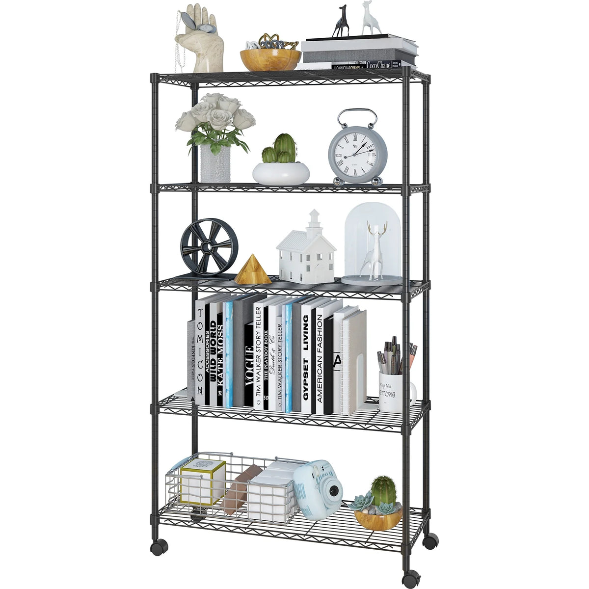 5-Shelf Black Wire Shelving Unit with Wheels W47872