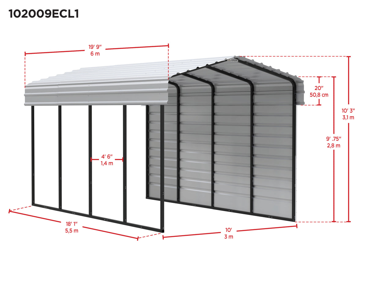 Galvanized Steel Carport Kit, 10' x 20' x 9' V8361