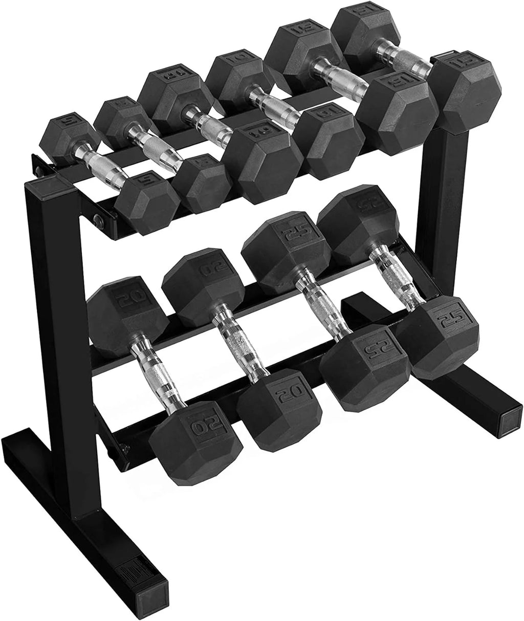 Rubber Coated Hex Dumbbell Set With Storage Rack J62322