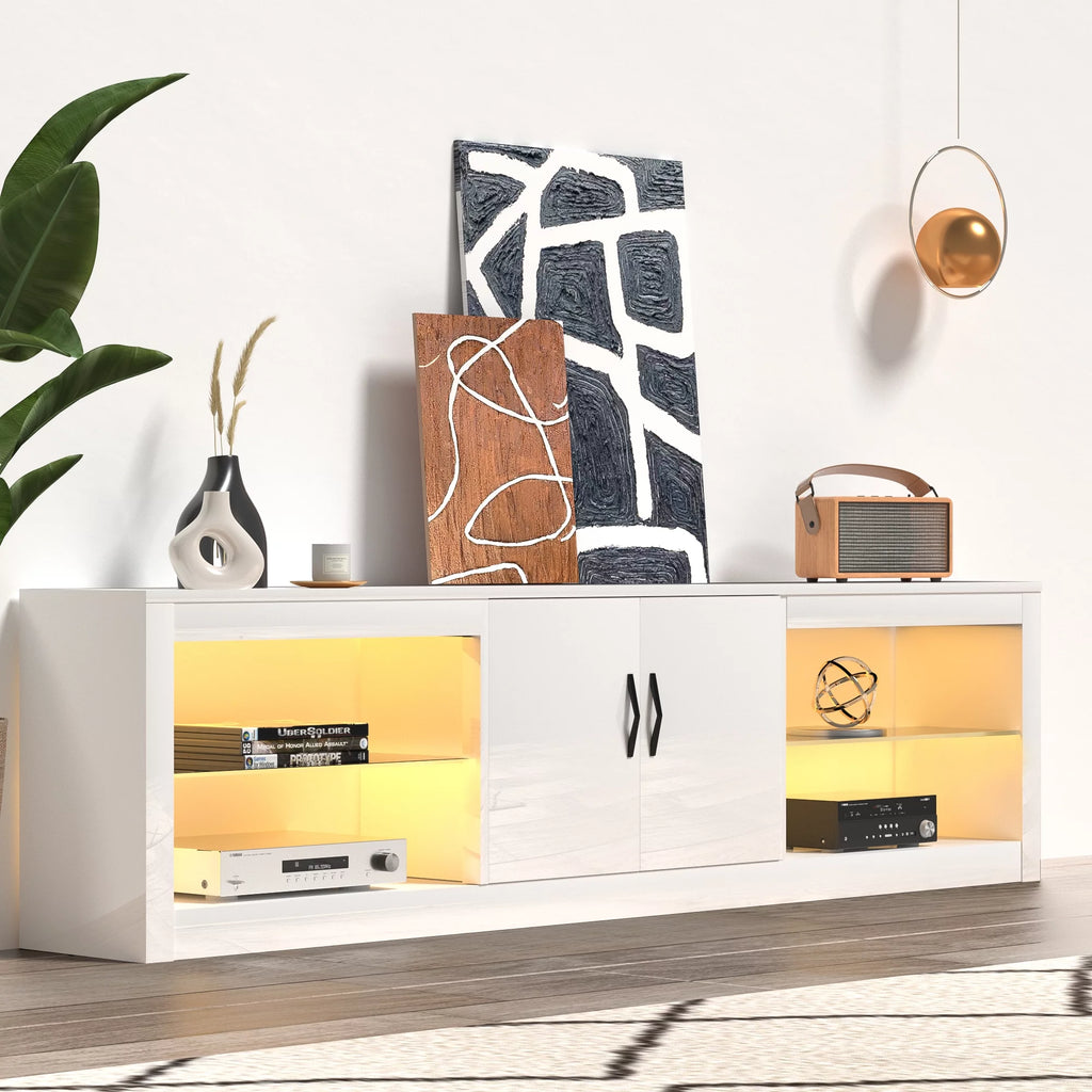 White LED TV Stand with Power Outlet & USB Ports D39506