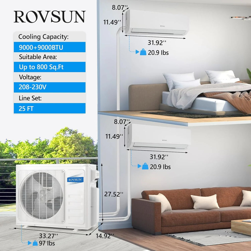 9000 + 9000 BTU Dual Zone Mini Split AC/Heating System Y869339