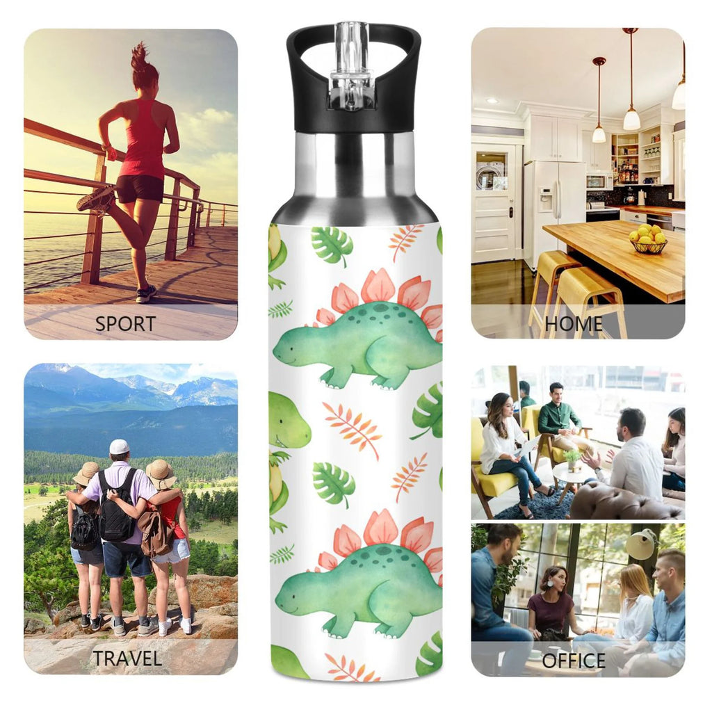 Green Dinosaur Stainless Steel Insulated Water Bottle with Straw Lid Z4659
