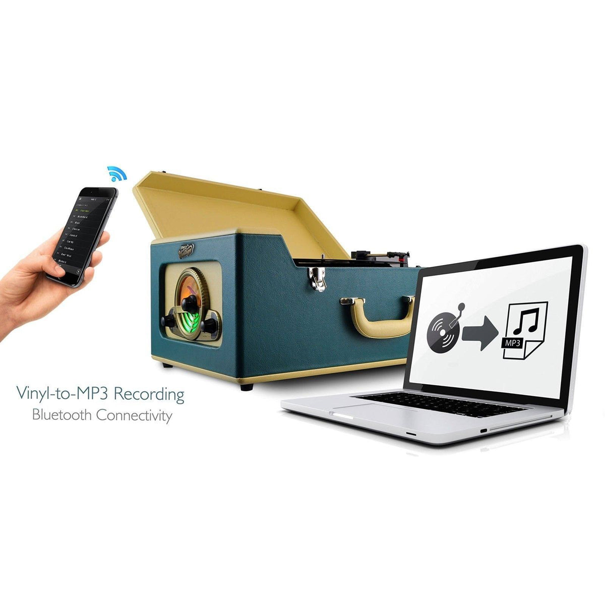 Bluetooth Vintage Suitcase-Style Turntable Speaker System with CD Player T654782
