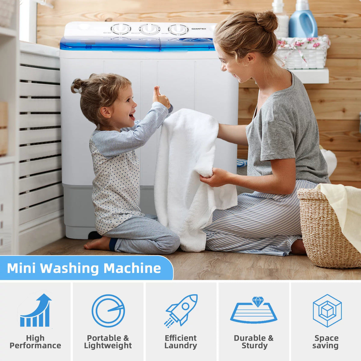 Portable Twin Tub Mini Washing Machine 13.2lb Blue O654