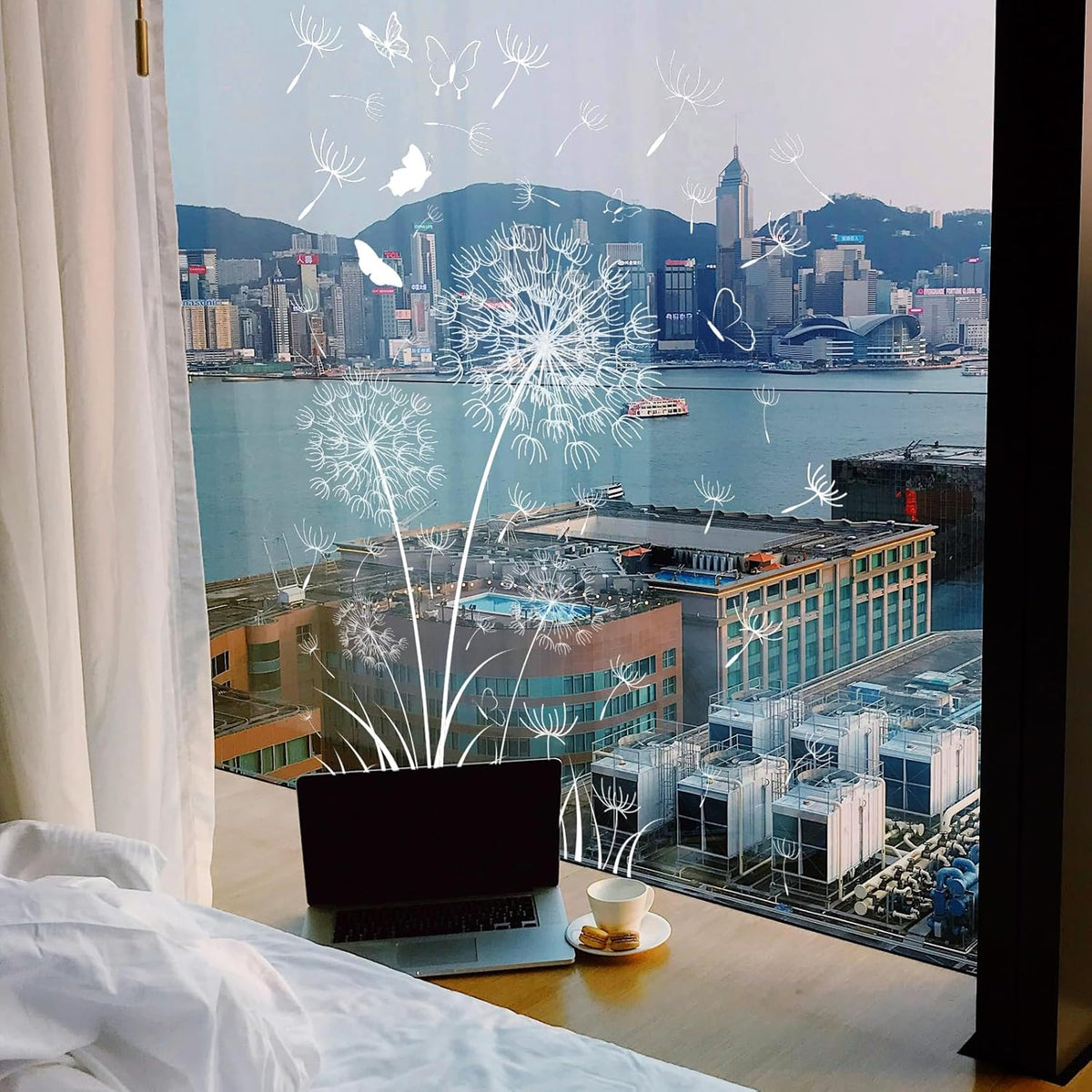 White Dandelion Window Clings Flying Flower Butterflies Window Sticker Self-Adhesive Decals P935801