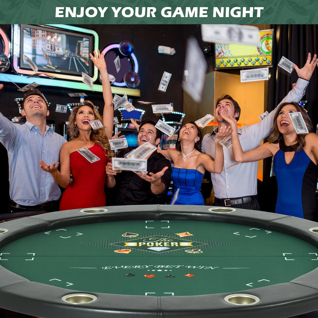 Round Poker Table Foldable 8 Players Stainless Steel Cup Holders Black 48 Inch E13217