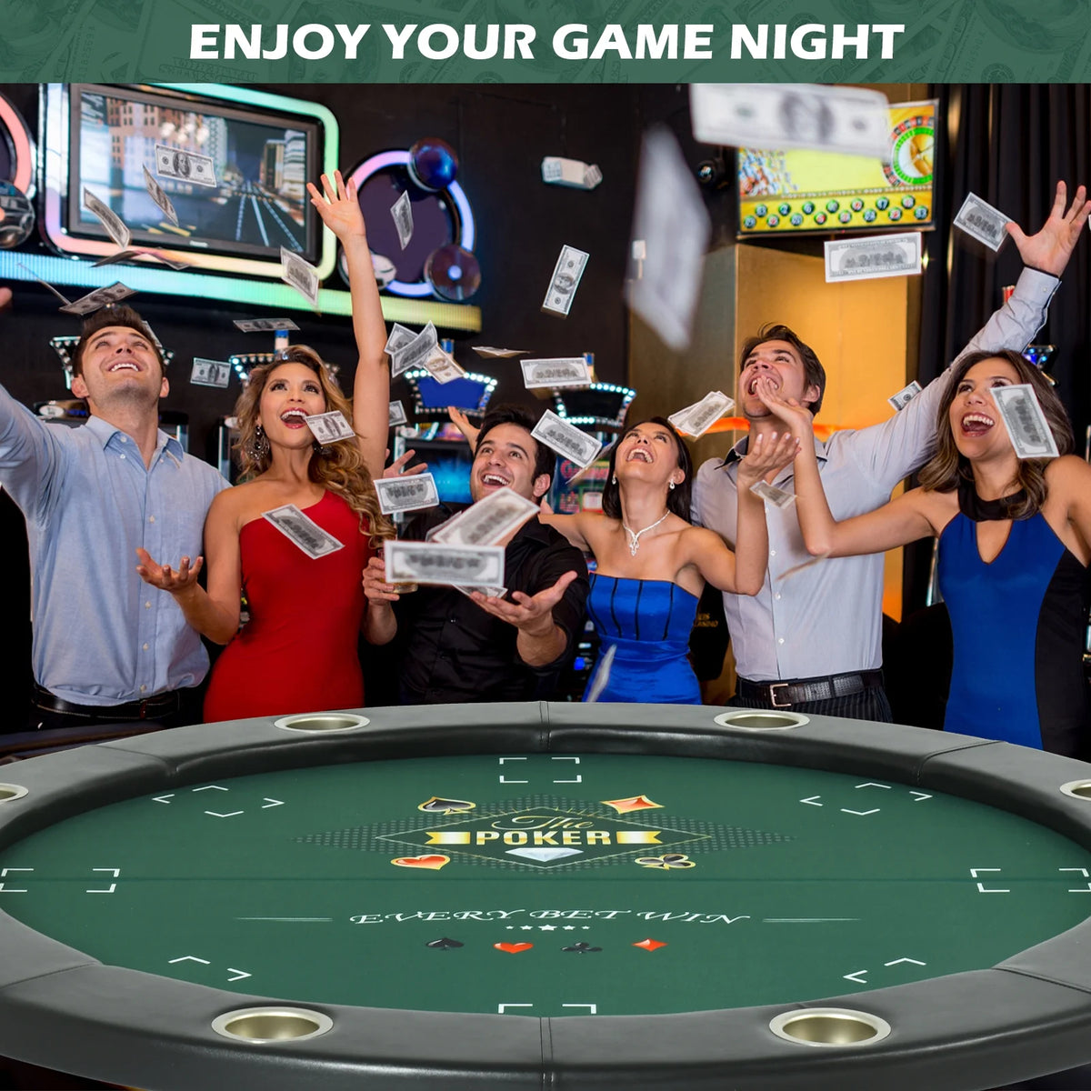 Round Poker Table Foldable 8 Players Stainless Steel Cup Holders Black 48 Inch E13217