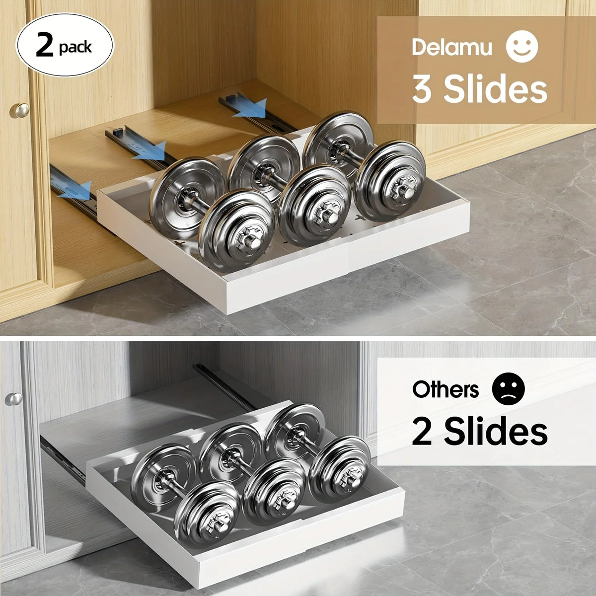 2Pack Expandable Pull Out Cabinet Organizer 16Deep, Slide Out Drawers With 6pcs Divider Racks, Roll Out Shelves Adhesive, Adjustable Width11.7-20 Q861