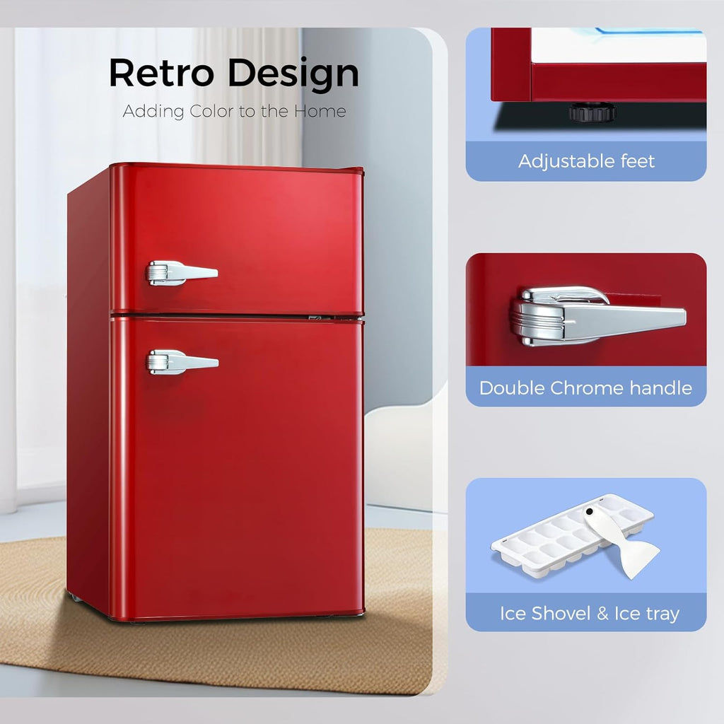 Retro Red 3.2 Cu.Ft Compact Double Door Mini Refrigerator with Freezer P959636