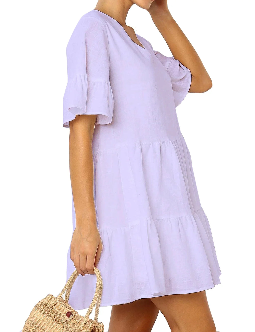 Red Short Bell Sleeve V Neck Mini Dress with Pockets M93505