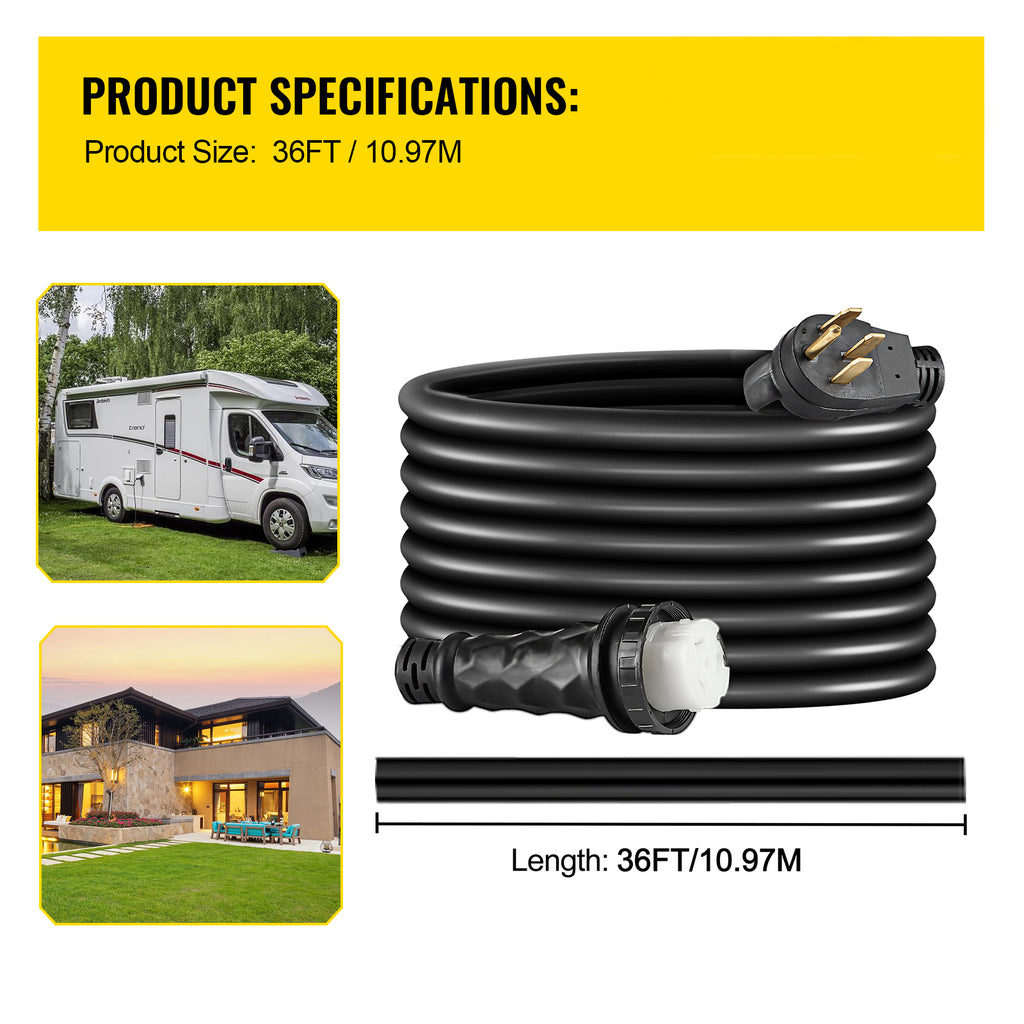 RV Shore Power Extension Cord 50A 36ft 125/250V STW 6AWG/3C+8AWG/1C NEMA SS2-50R Twist Lock Plug NEMA 14-50P E114
