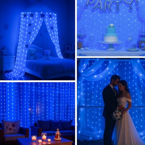 300 LED Fairy Curtain Lights, 9.8ft x 9.8ft Battery Operated Blue String Hanging Lights C7993