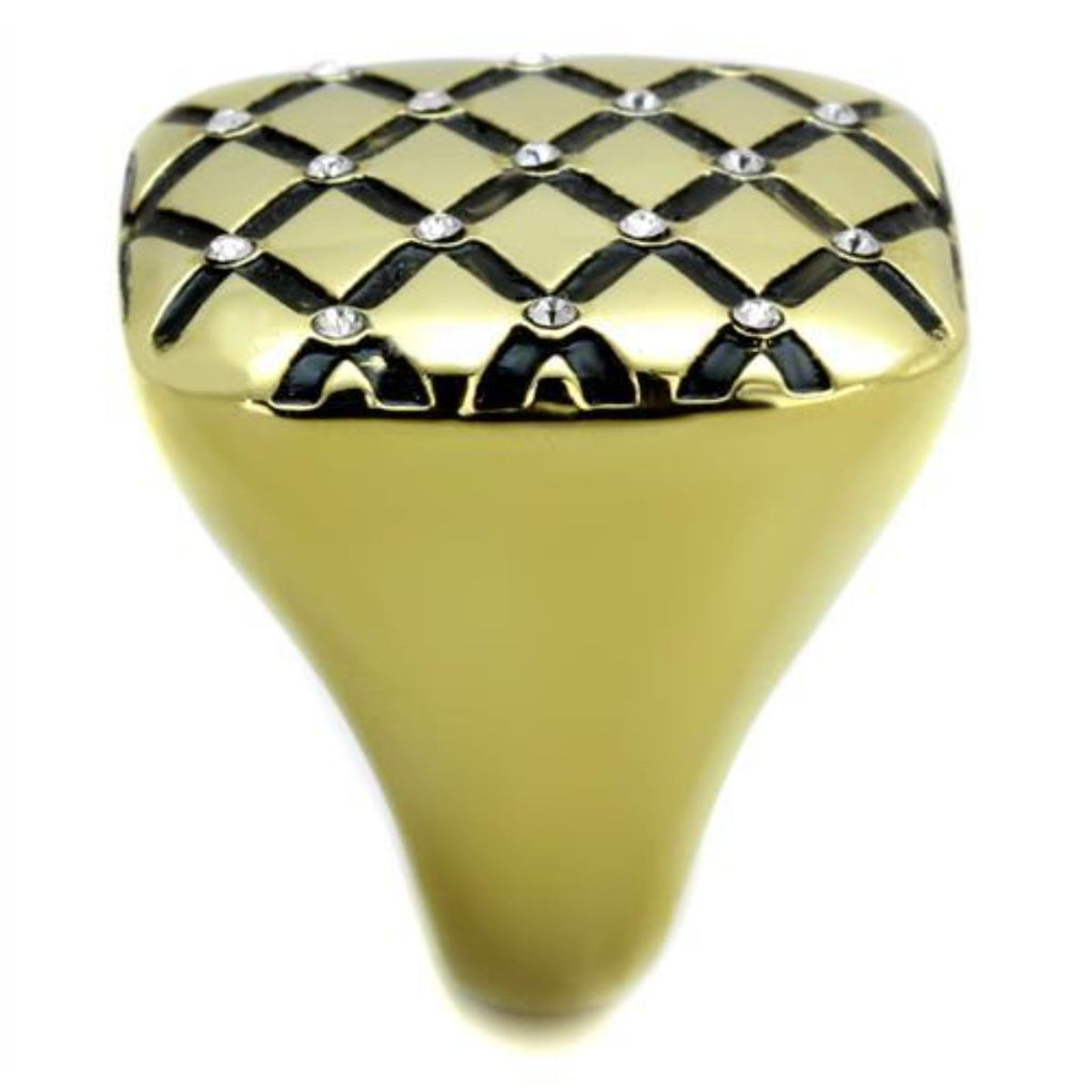 Gold IP Stainless Steel Diamond Checkered Ring with Clear Crystals A6659
