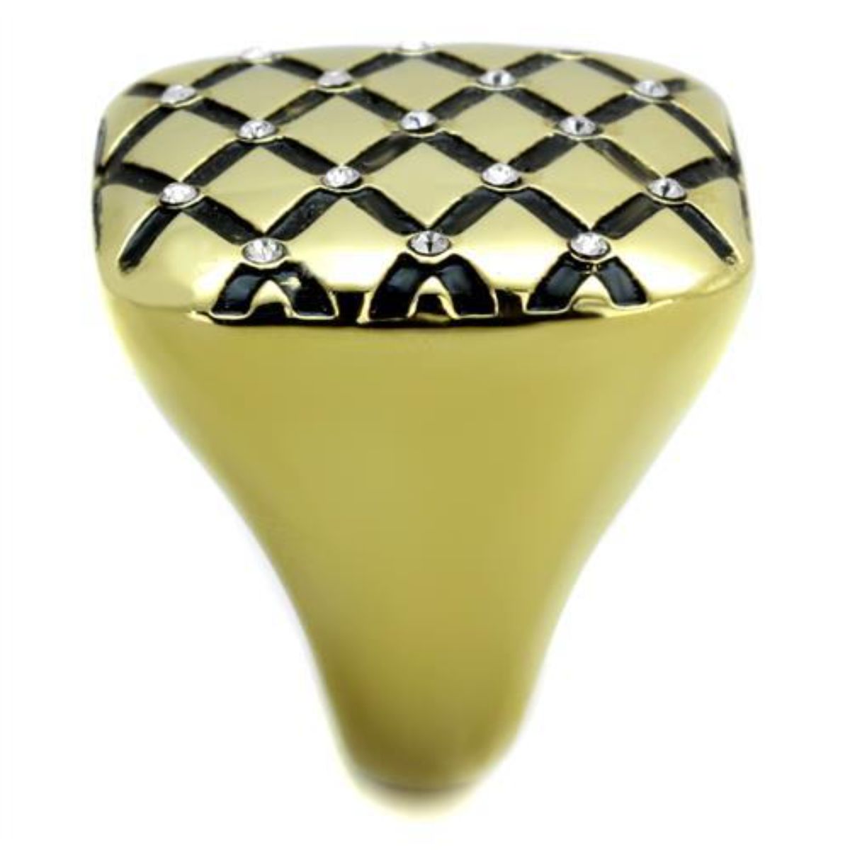 Gold IP Stainless Steel Diamond Checkered Ring with Clear Crystals A6659