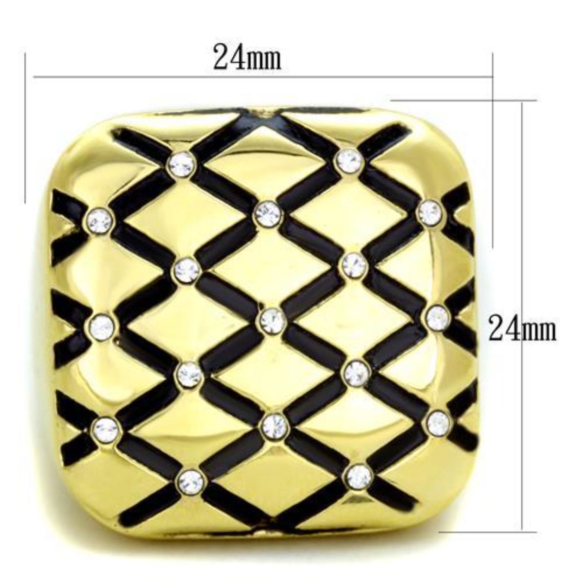 Gold IP Stainless Steel Diamond Checkered Ring with Clear Crystals A6659