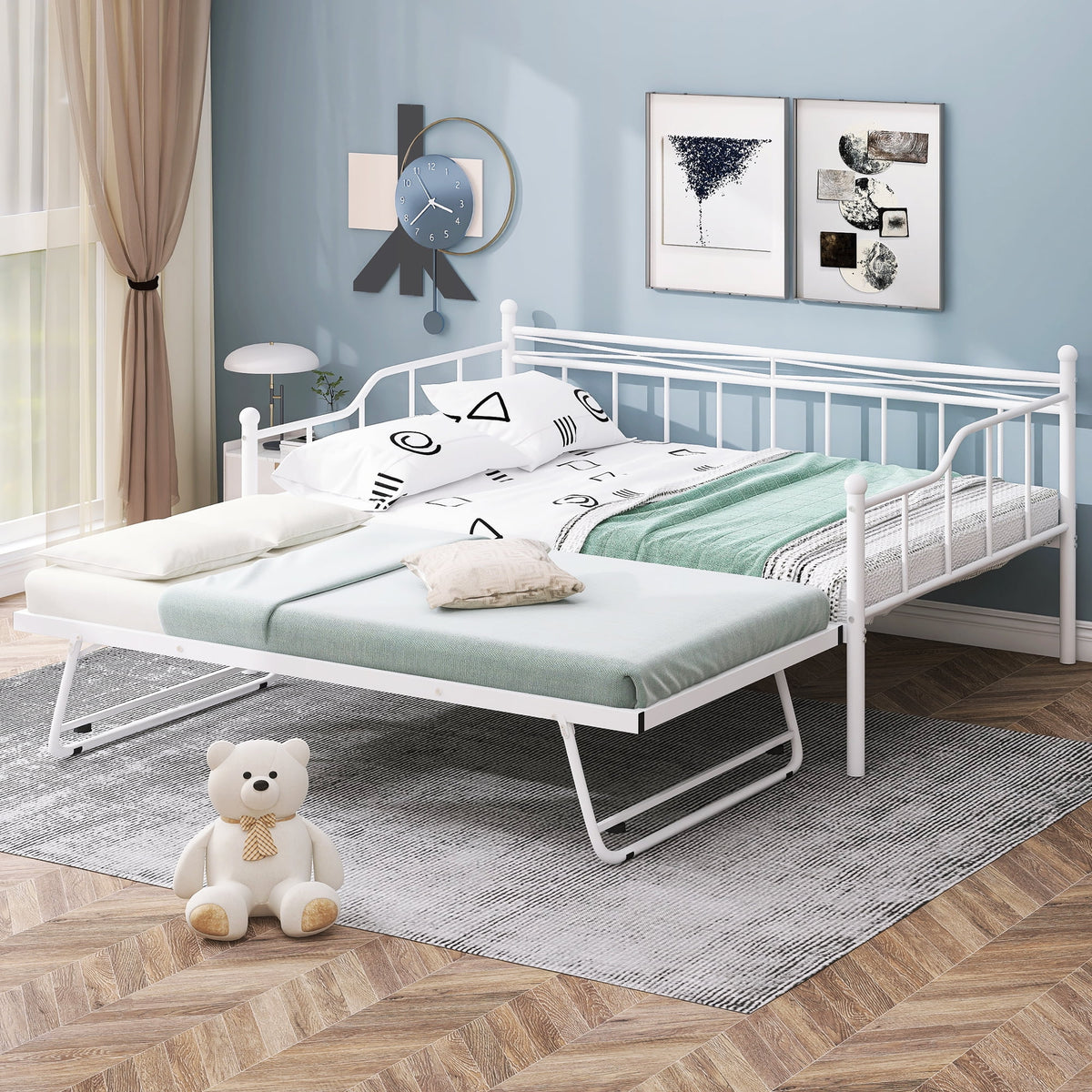 Full Size White Metal Daybed with Twin Size Adjustable Trundle A517976