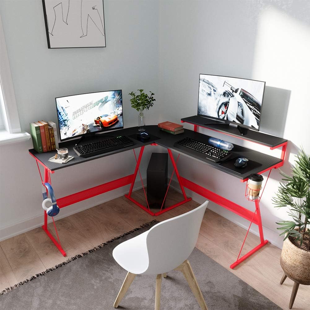 55 inch L-Shaped RGB Gaming Computer Desk with Large Elevated Ergonomic Shelf Carbon Black R888386