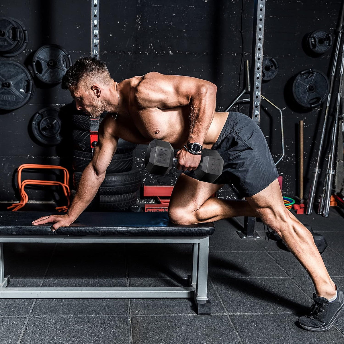 Rubber Coated Hex Dumbbell Set With Storage Rack J62322