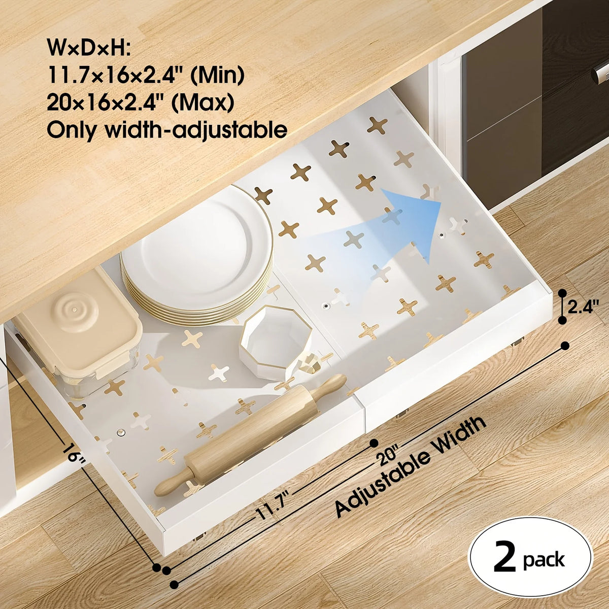 2Pack Expandable Pull Out Cabinet Organizer 16Deep, Slide Out Drawers With 6pcs Divider Racks, Roll Out Shelves Adhesive, Adjustable Width11.7-20 Q861