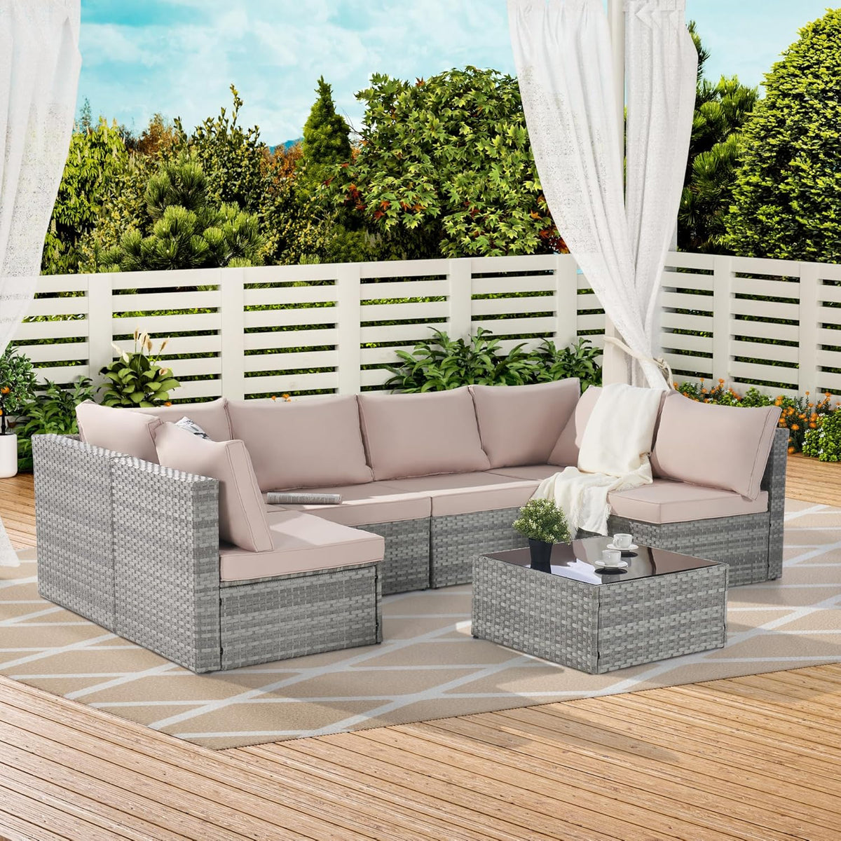 Beige 7 Piece PE Rattan Wicker Patio Conversation Set with Coffee Table A704915