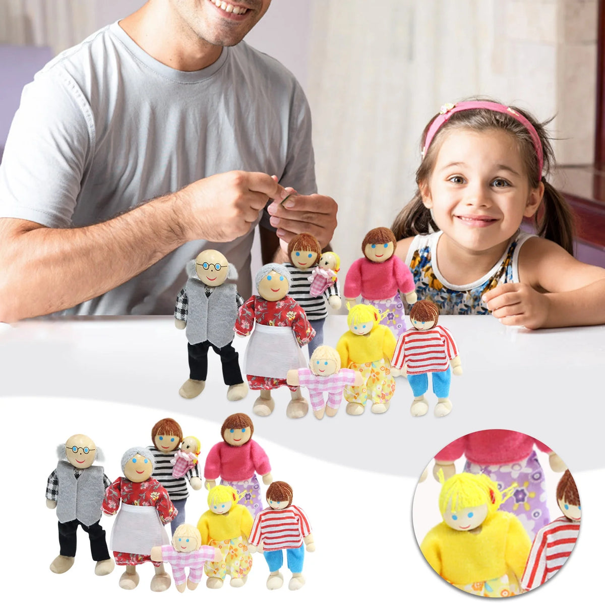 Wooden Doll House Family Dress-up Characters, Family of 7 D489981