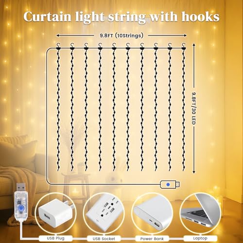 300 LED Fairy Curtain Lights, 9.8ft x 9.8ft Battery Operated Blue String Hanging Lights C7993