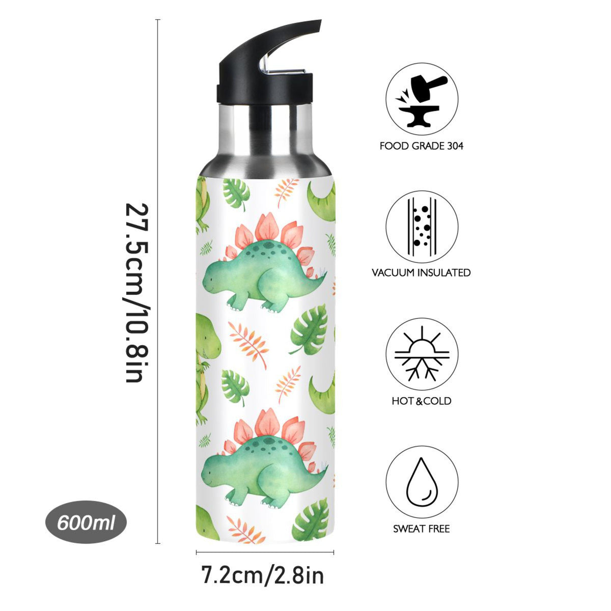 Green Dinosaur Stainless Steel Insulated Water Bottle with Straw Lid Z4659