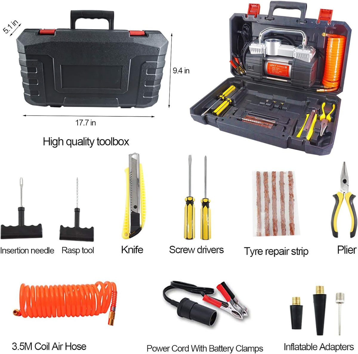 150Psi 12V Dual Cylinders Air Compressor Pump with Tire Repair Kit T8340